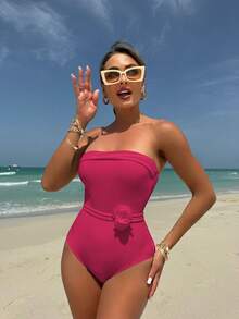 Nuevo traje de baño de una pieza multiuso con tirantes ajustables y bikini con estampado floral. - Rosa Fucsia - Ver 11