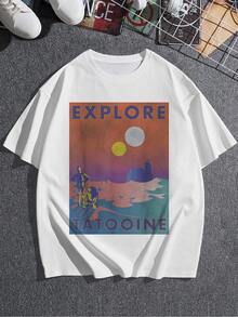 Explora un paisaje de dos soles sobre un horizonte desértico que simboliza aventura y libertad en mundos lejanos camiseta de mujer  cómoda y moderna para amantes de viajes galácticos y fantasía - Blanco - Ver 3