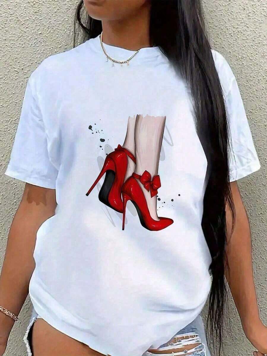 Soft Fashion Printed T‑Shirts for Women, Oversized Streetwear Tops, Comfortable and Stylish All‑Match Summer TeesCamiseta Gráfica Blanca para Mujer con Diseño de Zapato Rojo de Tacón Alto - Suave, Transpirable y Elegante para Uso Casual en Verano, Fitness y Atuendos Diarios pattern - Blanco - Ver 1