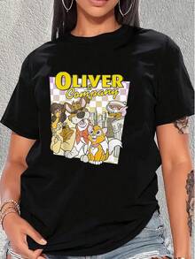 Ilustración colorida de varios animales urbanos mostrando amistad y alegría en una ciudad moderna con ambiente divertido y nostálgico camiseta de mujer  cómoda casual ideal para uso diario - Negro - Ver 6