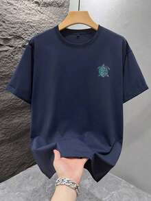 1 pieza Camiseta de hombre con estampado gráfico, ropa de playa de verano, camiseta de manga corta de corte holgado - Azul Marino - Ver 3