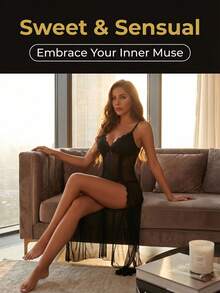2-Piece Sexy Lingerie Sleepwear Set For Women – Includes Lace V-Neck Chemise Nightdress And Matching Panties, Sheer Mesh Nightwear With Side Split, Enhances Feminine Charm, Perfect For Daily Wear, Romantic Nights - màu đen - Xem 2