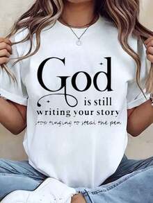 Women's Modern Minimalist T-Shirt With Graphic Print 'God Is Still Writing Your Story, Stop Trying To Steal The Pencil', Crew Neck, Casual Style For Everyday Wear, Gift Idea Gcasual Everyday - 白色 - 查看 7