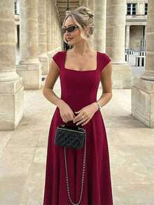 Vestido largo invierno estilo francés liso ajustado con tirantes cremallera y lazos traseros elegante moda para mujer - Burdeos - Ver 7