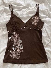 Hibiscus Flower Printed Casual Sleeveless Cami Top, Summer Tops, Beach Outfits For Women - Coffee Brown - View 2
