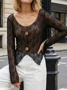 Women's Spring Summer V Neck Tops Jacquard Textured Slit Button Long Sleeve Sheer Blouse - Black - View 3