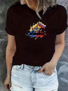 Minimalist Sports T-Shirt With Colombian Independence Day Graphic, Round Neck, Short Sleeve, Essential Sportswear For Women, 100% Cotton - 黑色 - 查看 5