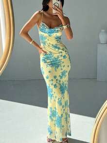 Vestido ajustado con estampado cuello bajo, estilo elegante primavera 2026 - Amarillo - Ver 7