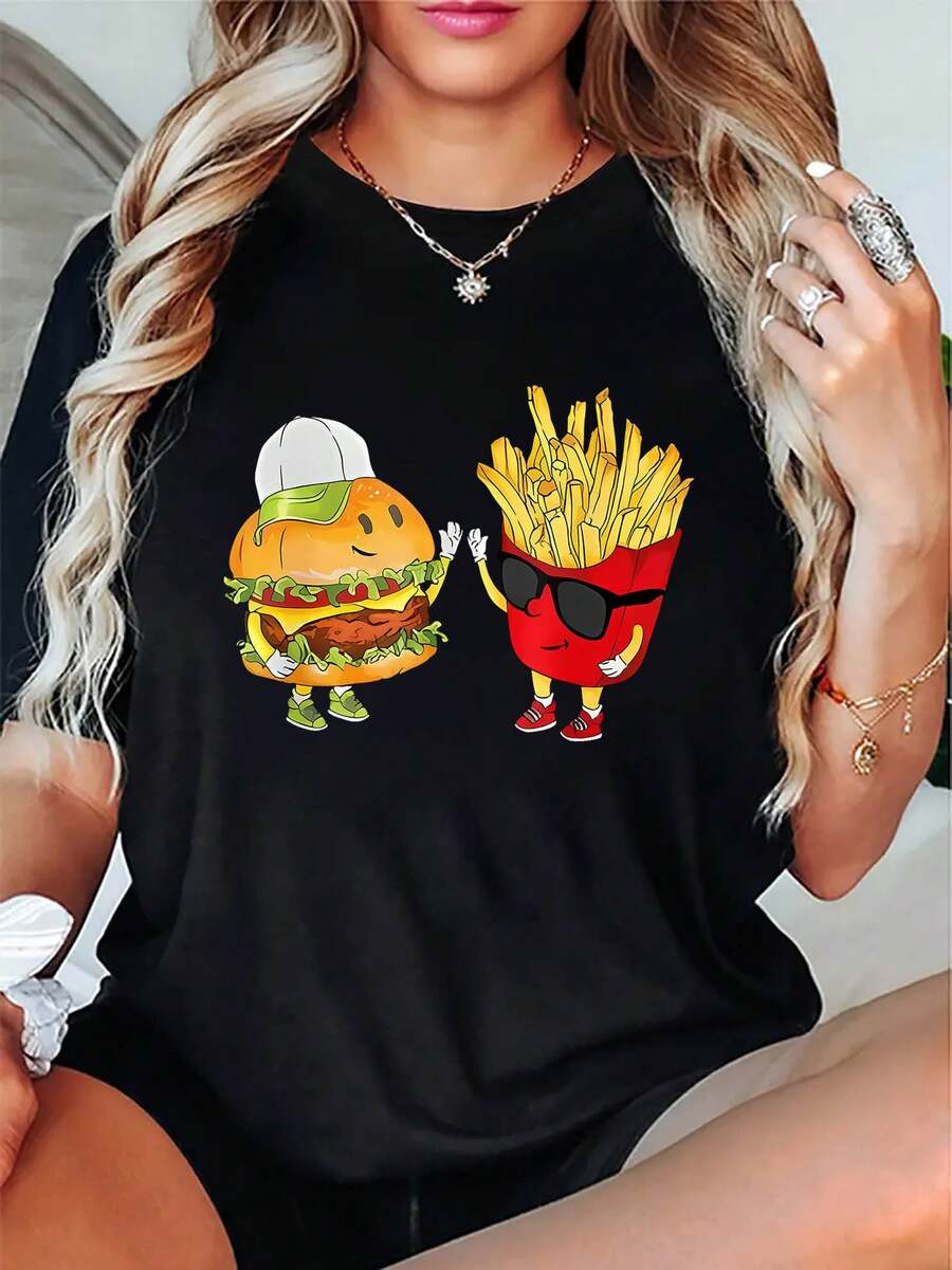 Fashionable Women's T-Shirt With A Creative Hamburger And French Fries Print, Round Neck And Short Sleeves, Casual And Simple Sports T-Shirt, Comfortable Summer Vacation Top - 黑色 - 查看 1