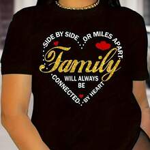 [Casual Glitter T-Shirt] Breathable & Soft Women's Casual Black Crew Neck Short Sleeve T-Shirt | Golden Glitter Family Love Print, All Seasons, Machine Washable, Regular Fit, Perfect For Casual Attire, Cute T Shirts - 黑色 - 查看 1