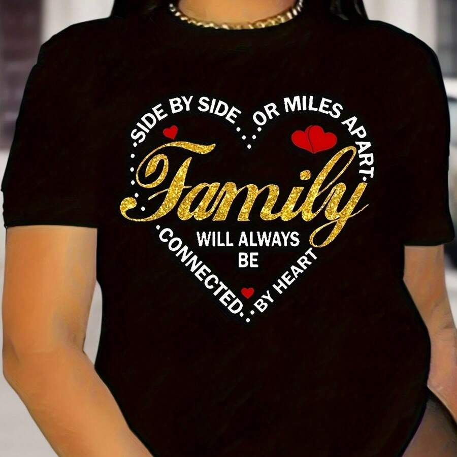 [Casual Glitter T-Shirt] Breathable & Soft Women's Casual Black Crew Neck Short Sleeve T-Shirt | Golden Glitter Family Love Print, All Seasons, Machine Washable, Regular Fit, Perfect For Casual Attire, Cute T Shirts - 黑色 - 查看 1