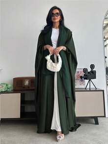 Conjunto de túnica holgada de unicolor con mangas de murciélago y pañuelo para la cabeza, estilo árabe para primavera y otoño - Verde Oscuro - Ver 4