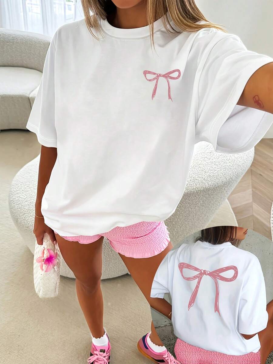 Vintage Easy Bow Graphic Print T-Shirt, Casual Short-Sleeved, Round-Neck Top For Summer And Spring, Women's Clothing, Summer Tops, Summer Outfits - White - View 1