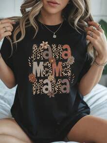 1 Women's Soft Leopard And Floral Print T-Shirt With The Word 'MAMA', Casual Short Sleeve Crew Neck T-Shirt, Perfect Mother's Day Gift, Suitable For Casual Outfits - 黑色 - 查看 1