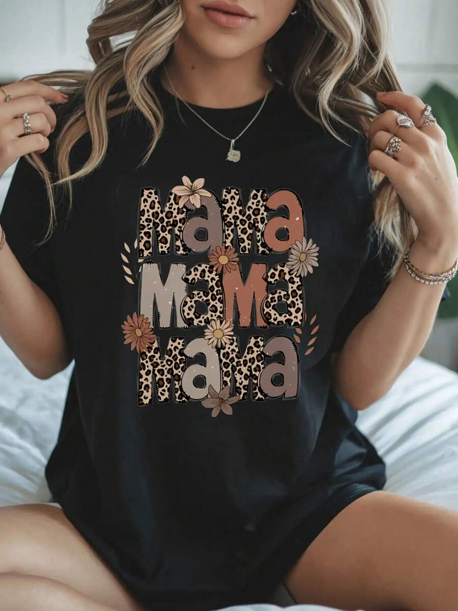 1 Women's Soft Leopard And Floral Print T-Shirt With The Word 'MAMA', Casual Short Sleeve Crew Neck T-Shirt, Perfect Mother's Day Gift, Suitable For Casual Outfits - 黑色 - 查看 1