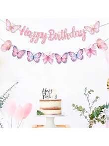 2pcs/Set Butterfly Birthday Pull Flags, Cartoon Pink Butterfly Birthday Banner With "Happy Birthday" Text, Suitable For Butterfly Themed Birthday Party Wall Decor, Perfect For Butterfly Style Party And Home Decor - Multiple Styles - View 2