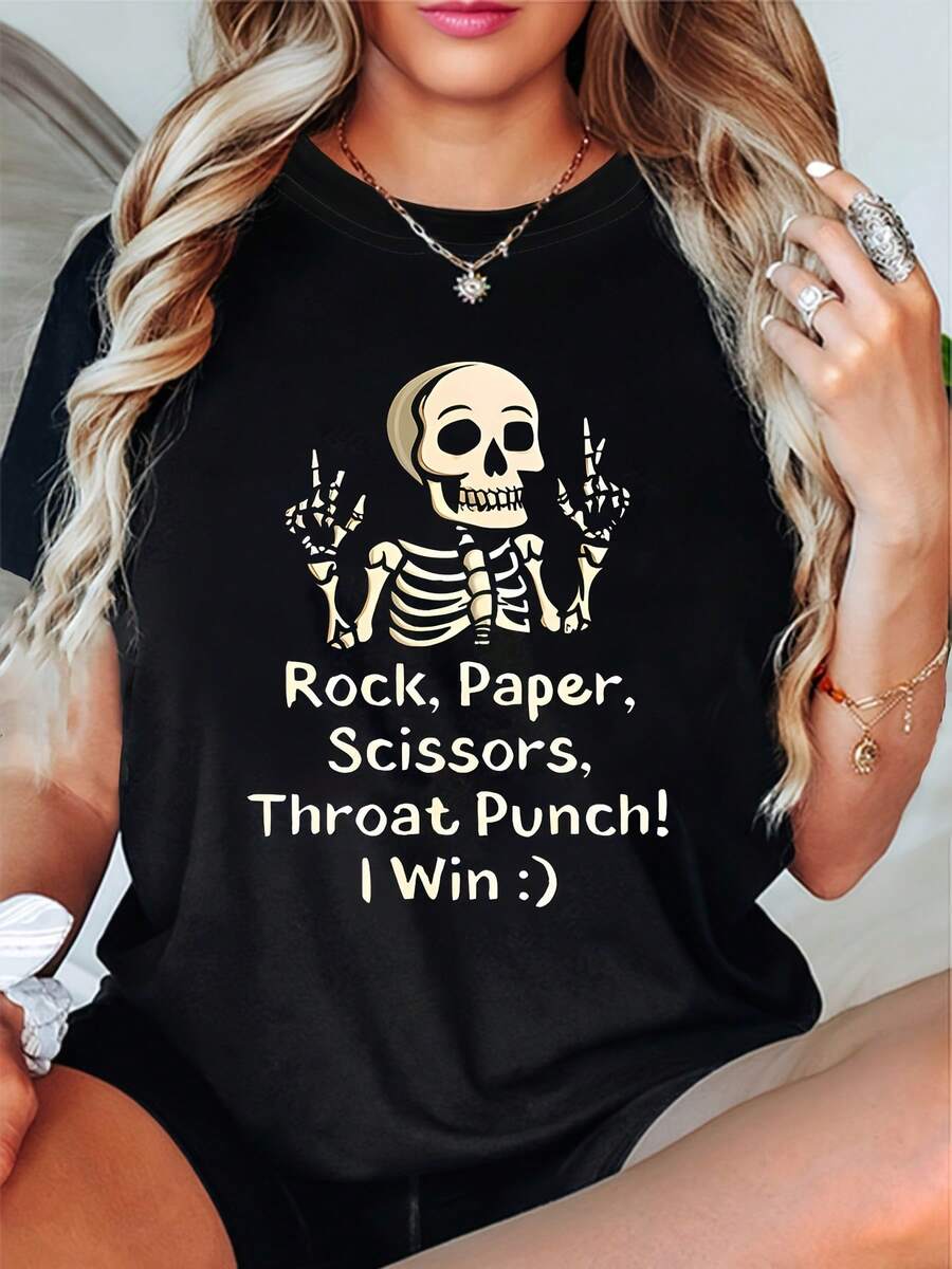 Women's Fun Skeleton "I Win" T-Shirt - Scissors, Paper, Rock - Black Crew Neck - Casual Top - Lightweight Party Dress - Machine Washable Short Sleeve T-Shirt - Fashion - 黑色 - 查看 1