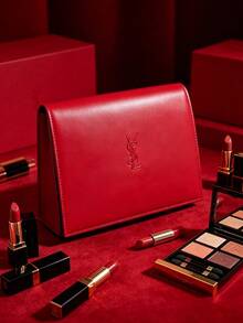 Yves Saint Laurent 紅色絎縫皮革化妝包，內置大尺寸化妝鏡，金色拉鍊雙層化妝收納包，便攜旅行盥洗包，適合送給女友的高端奢華禮物 - 紅色 - 查看 4