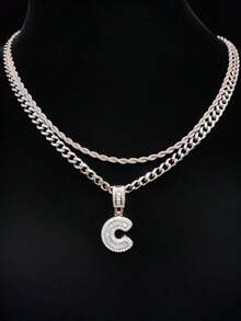 Bộ 2 món: 1 mặt dây chuyền chữ cái đính đá Cubic Zirconia & 2 dây chuyền thép không gỉ, 26 chữ cái tiếng Anh, Dây chuyền mặt dây chuyền phong cách hip hop cổ điển dành cho nữ, Thích hợp đeo hàng ngày hoặc dự tiệc, Quà tặng ngày Valentine - Bạc - Xem 34