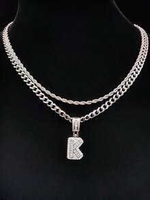 Bộ 2 món: 1 mặt dây chuyền chữ cái đính đá Cubic Zirconia & 2 dây chuyền thép không gỉ, 26 chữ cái tiếng Anh, Dây chuyền mặt dây chuyền phong cách hip hop cổ điển dành cho nữ, Thích hợp đeo hàng ngày hoặc dự tiệc, Quà tặng ngày Valentine - Bạc - Xem 25