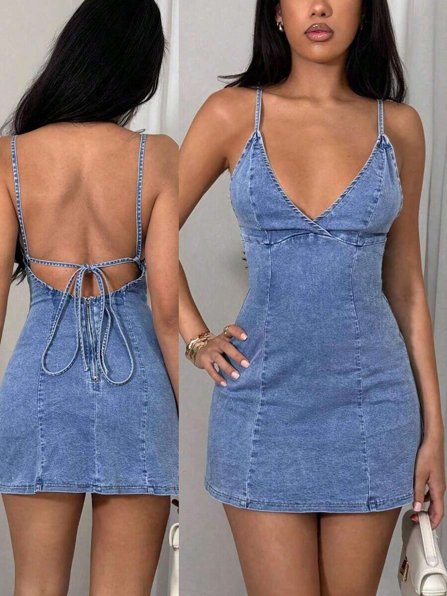 Vestido de mezclilla con tirantes elásticos y espalda descubierta - Azul - Ver 1