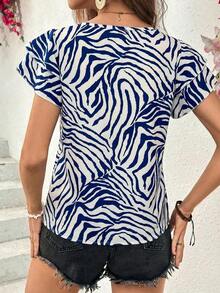 Blusa de verano con cuello redondo, de doble capa y mangas cortas, con estampado de cebra.Parte superior de verano casual con estampado animal.Blusa de manga corta linda y de corta duración para mujer. - Azul y blanco - Ver 2