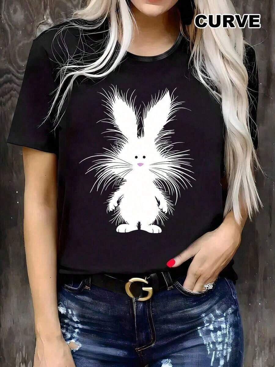 Plus Size Women's Casual T-Shirt With Cartoon Rabbit Print, Perfect For Easter And Outdoor Activities In Spring And Summer. This Black Blouse Has Short Sleeves, A Round Neck And Is Machine Washable. - Black - View 1