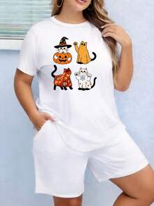 Women's T-Shirt With Cartoon And Heart Print, Featuring Cats, Pumpkins, Witch Hats, Halloween Costumes And Pumpkins, Sporty Round Neck, Soft Crew Neck, Casual Short Sleeves, In Urban Fashion Style, Available In Plus Sizes, For Autumn Fashion, Ideal For Playing, Soft, Comfortable And Breathable. - 白色 - 查看 1