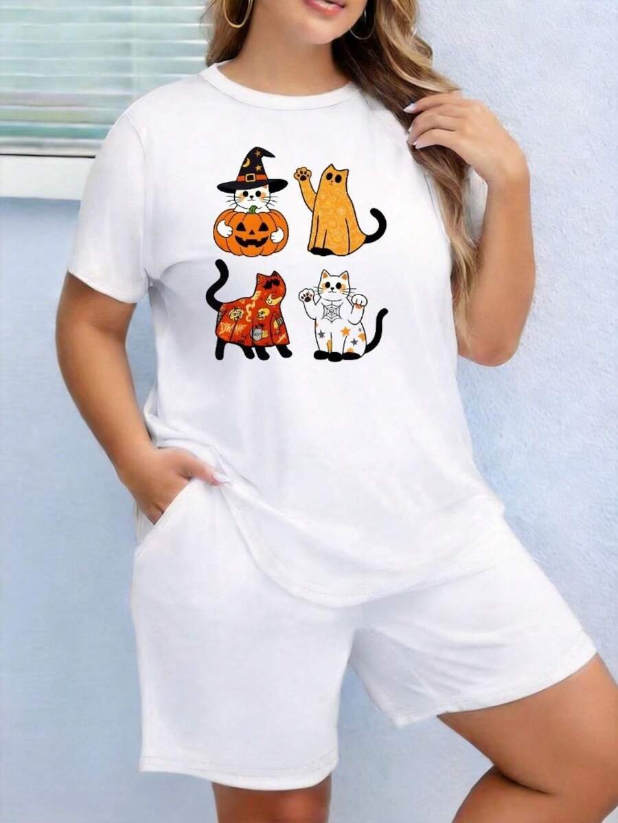 Women's T-Shirt With Cartoon And Heart Print, Featuring Cats, Pumpkins, Witch Hats, Halloween Costumes And Pumpkins, Sporty Round Neck, Soft Crew Neck, Casual Short Sleeves, In Urban Fashion Style, Available In Plus Sizes, For Autumn Fashion, Ideal For Playing, Soft, Comfortable And Breathable. - 白色 - 查看 1