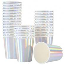 10/20/40pcs 9oz Iridescent Paper Cups Rainbow Disposable Cup For 90s Disco Birthday Party Wedding Bachelor BabyShower Mermaid Party Decorations - Silver - View 3