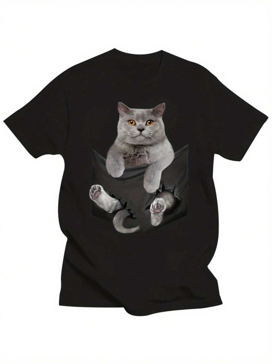 Men's Plus Size Cotton T-Shirt With British Shorthair Cat Peeking Out Of Pocket - Casual Crew Neck, Short Sleeve, Machine Washable, Spring Summer Autumn Essential, Everyday Comfort, Fun Graphic, Easy Care Clothing, PLUS SIZE - 黑色 - 查看 1