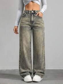 Jeans de mezclilla de pierna ancha recta de diseño simple con cintura alta para mujeres a la moda - Lavado ligero 2 - Ver 5
