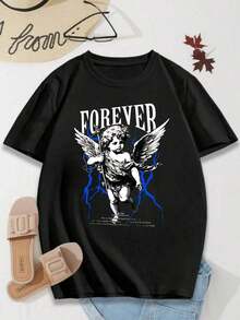 180g Made In Mexico, Spring/Summer 2026 Fashion Short Sleeve T-Shirt, Cartoon Print, Couple Style, Underwear/Outerwear, Casual Round Neck For Office, Unisex One Piece Top - 黑色 - 查看 3