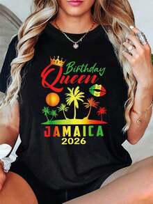 Summer Tops - Women's Jamaica Birthday Queen 2026 T-Shirt - Casual Short Sleeve Crew Neck T-Shirt With Jamaican Lettering And Birthday Print, Ideal For Spring And Summer, Suitable For Holidays, Music Events, Birthday Gifts Y2Y - Cute T-Shirt, Summer Clothes, Holiday Outfits For Women - 黑色 - 查看 7