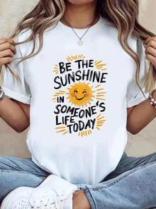 1 pieza Hoy, conviértete en el rayo de sol de la vida de alguien. Camiseta de manga corta para mujer, cuello redondo, primavera/verano, con estampado de sol sonriente, 180g, 100% algodón. - Blanco - Ver 1