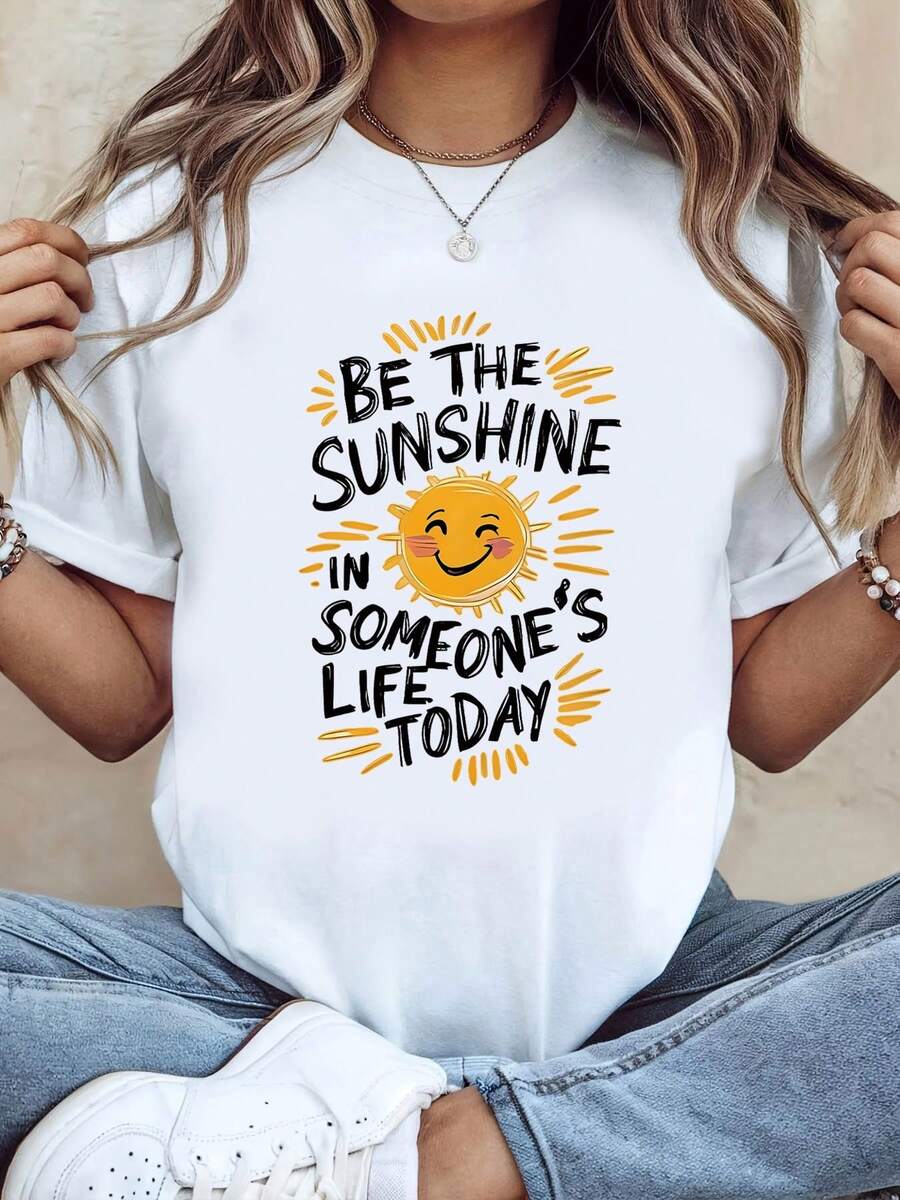 1 pieza Hoy, conviértete en el rayo de sol de la vida de alguien. Camiseta de manga corta para mujer, cuello redondo, primavera/verano, con estampado de sol sonriente, 180g, 100% algodón. - Blanco - Ver 1