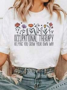 1 Women's T-Shirt With Occupational Therapist (OT) Team Print - Soft, Breathable, Lightweight, Short-Sleeved Crew Neck, With Floral And OT Letter Prints, Suitable For Healthcare Professionals As A Casual Summer T-Shirt, 180g 100% Cotton. - 白色 - 查看 5
