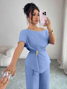 onjunto de primavera/verano para mujer con pantalón ancho de una sola manga con hebilla metálica en la cintura, adecuado para uso diario, bodas, galas, ir al trabajo, fiestas de graduación, vacaciones, citas, fiestas, Halloween, Navida - Celeste - Ver 7