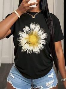 Women's Daisy Flower Print T-Shirt, Casual Summer Short Sleeve Round Neck Graphic Design Top For Daily Wear And Holiday Outfits, 220g - 黑色 - 查看 7
