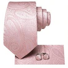 Men's Wedding Pink Paisley Tie Set Includes Pocket Square, Random Cufflinks & Gold Tie Clip, Festive Formal Necktie For Holidays - Pink - View 2