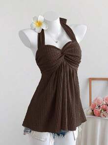 Top de tirantes con estampado de lunares marrones y detalle de nudo en la espalda para mujer, adecuado para verano, vacaciones de primavera, ceremonia de graduación, fiesta de boda, vacaciones elegantes, playa casual, estilo Y2K lindo y sexy y - Café integral - Ver 5
