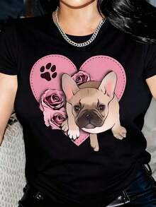 New Arrivals For Summer. Women's Short-Sleeved T-Shirt With A Round Neck, Heart And Rose Print, French Bulldog Design, Made With A Blend Of Fabrics And Slight Stretch. Blouse, Shirt > Beautiful. - 黑色 - 查看 1