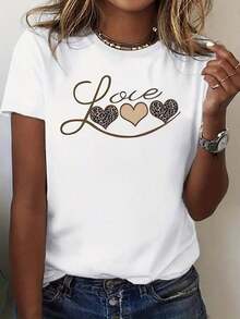 Camiseta con Estampado de Corazón de Leopardo para Mujer, Top Casual de Corte Holgado con Elegante Diseño de Escritura, Perfecta para Uso Diario, Citas o Salidas Románticas. Blusa, Camisa > Hermosa. - Blanco - Ver 1