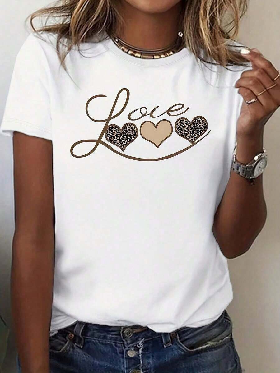 Camiseta con Estampado de Corazón de Leopardo para Mujer, Top Casual de Corte Holgado con Elegante Diseño de Escritura, Perfecta para Uso Diario, Citas o Salidas Románticas. Blusa, Camisa > Hermosa. - Blanco - Ver 1