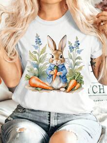 [Regalo de Pascua] Camiseta de Mujer de Verano con Estampado de  Sosteniendo una Zanahoria Sentado entre Flores, Cuello Redondo, Manga Corta, Cómoda, Suave, Elegante, Moda, Fiesta, Retro, Casual, Versátil, Primavera, Verano, Otoño, Invierno, Estilo S, Disponible - Negro - Ver 6