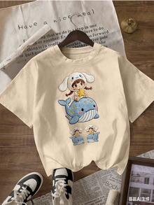 Girl And Blue Whale T-Shirt, Fashionable Short-Sleeved T-Shirt For Spring And Summer 2026, Made In Mexico, 180 Grams. Cartoon Print, Couple Design, Suitable For Indoor Or Outdoor Wear. Crew Neck, Unisex, Ideal For Office And Leisure. One-Pack. - APR-P631577SLNDXZGY556 - 查看 4