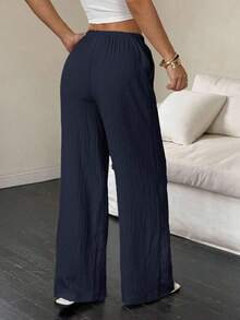 [Free Shipping]Women's Casual Plain Slant Pockets Textured Long Pants Fall Cloth For Women - Navy Blue - View 2