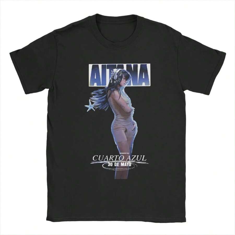 Aitanas Cuarto Azul Álbum M1en's WoM1en Camiseta de moda Camisetas cortas Estética Camiseta de verano Algodón Cuello redondo Oversize Camisetas 220 g de algodón grueso unisex informal, textura suave y tacto agradable, cómoda y agradable para la piel. El estilo clásico simple nunca pasa de moda, adecuado para ir al trabajo a diario, hacer ejercicio, viajar, vacaciones y todas las ocasiones informales. - Negro - Ver 1