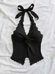 Camiseta sin tirantes sexy y con estilo, con nudo, bajo con abertura y espalda abierta - Negro - Ver 3