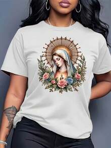 Camiseta blanca de manga corta para mujer con estampados de retratos religiosos, cuello redondo, diseño casual microelástico suave y adaptable, fresca y transpirable, estilo de moda con personalidad deslumbrante, adecuada para uso diario casual, cómoda y relajada. - Blanco - Ver 1